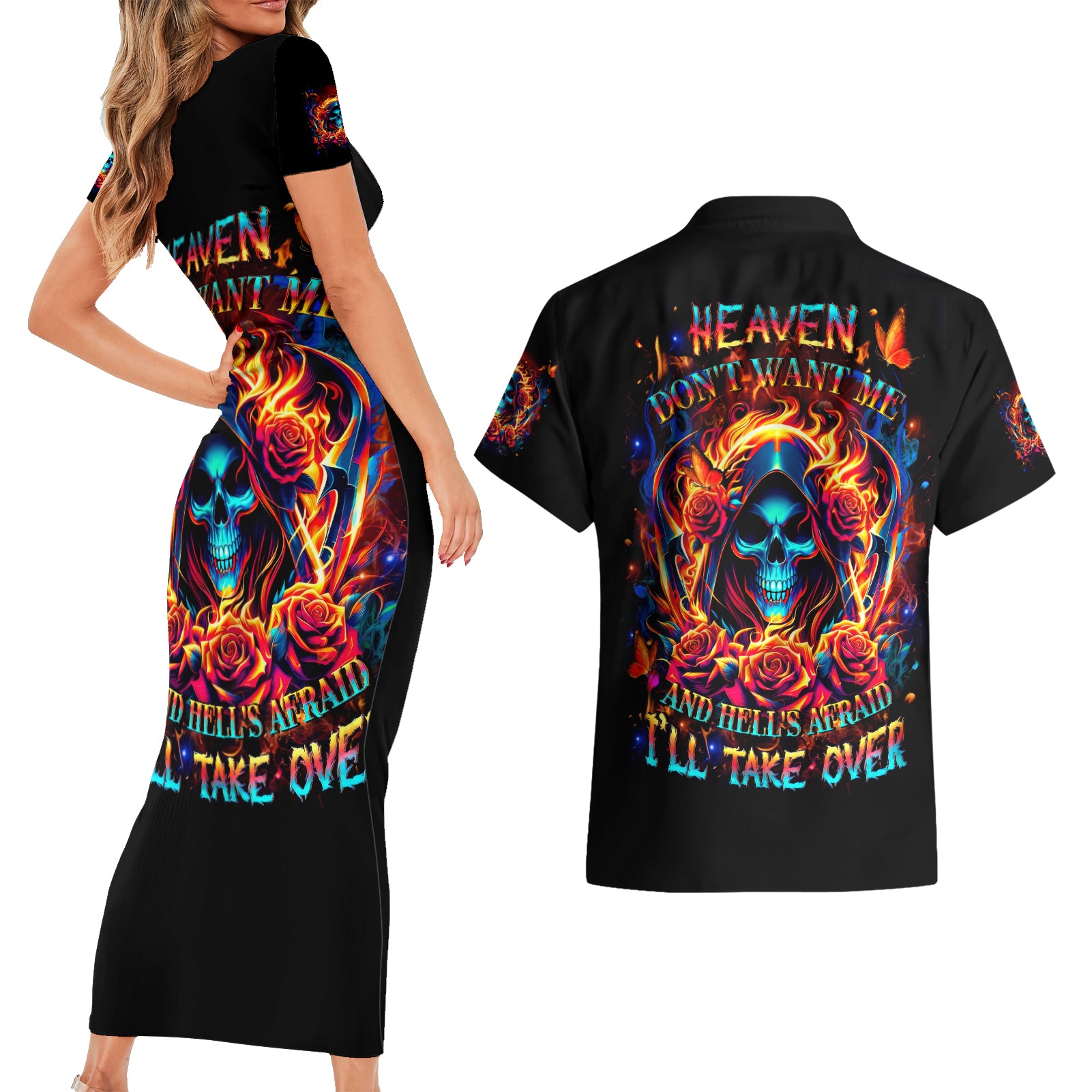 Flame Skull Couples Matching Short Sleeve Bodycon Dress and Hawaiian Shirt Heaven Don't Want Me And Hell's Afraid I'll Take Over - Wonder Print Shop