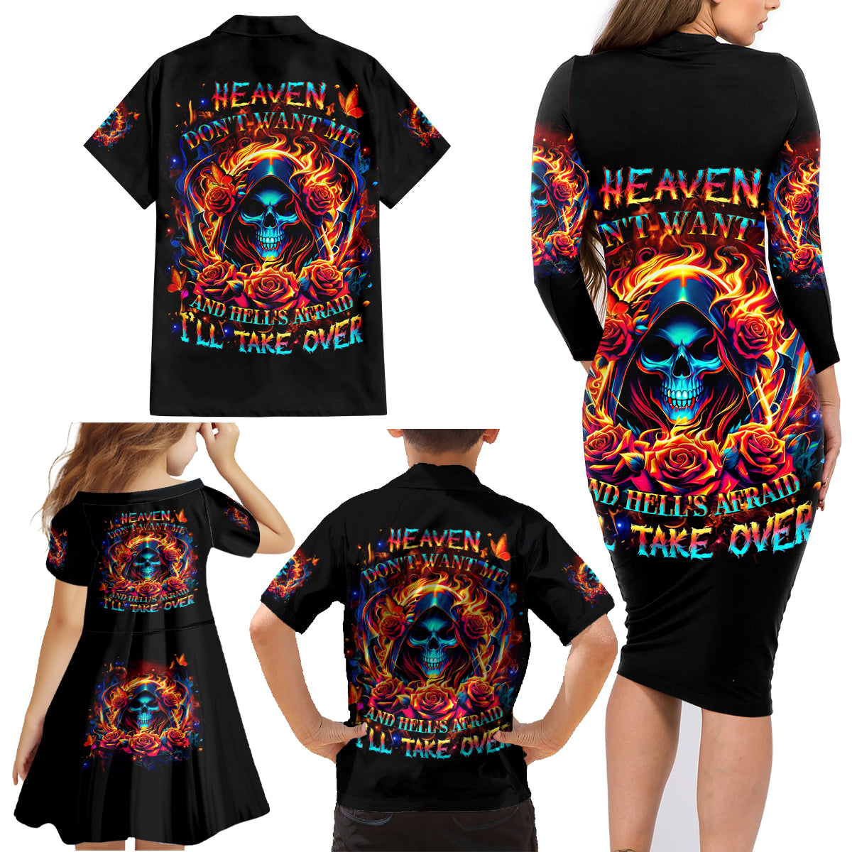 Flame Skull Family Matching Long Sleeve Bodycon Dress and Hawaiian Shirt Heaven Don't Want Me And Hell's Afraid I'll Take Over - Wonder Print Shop