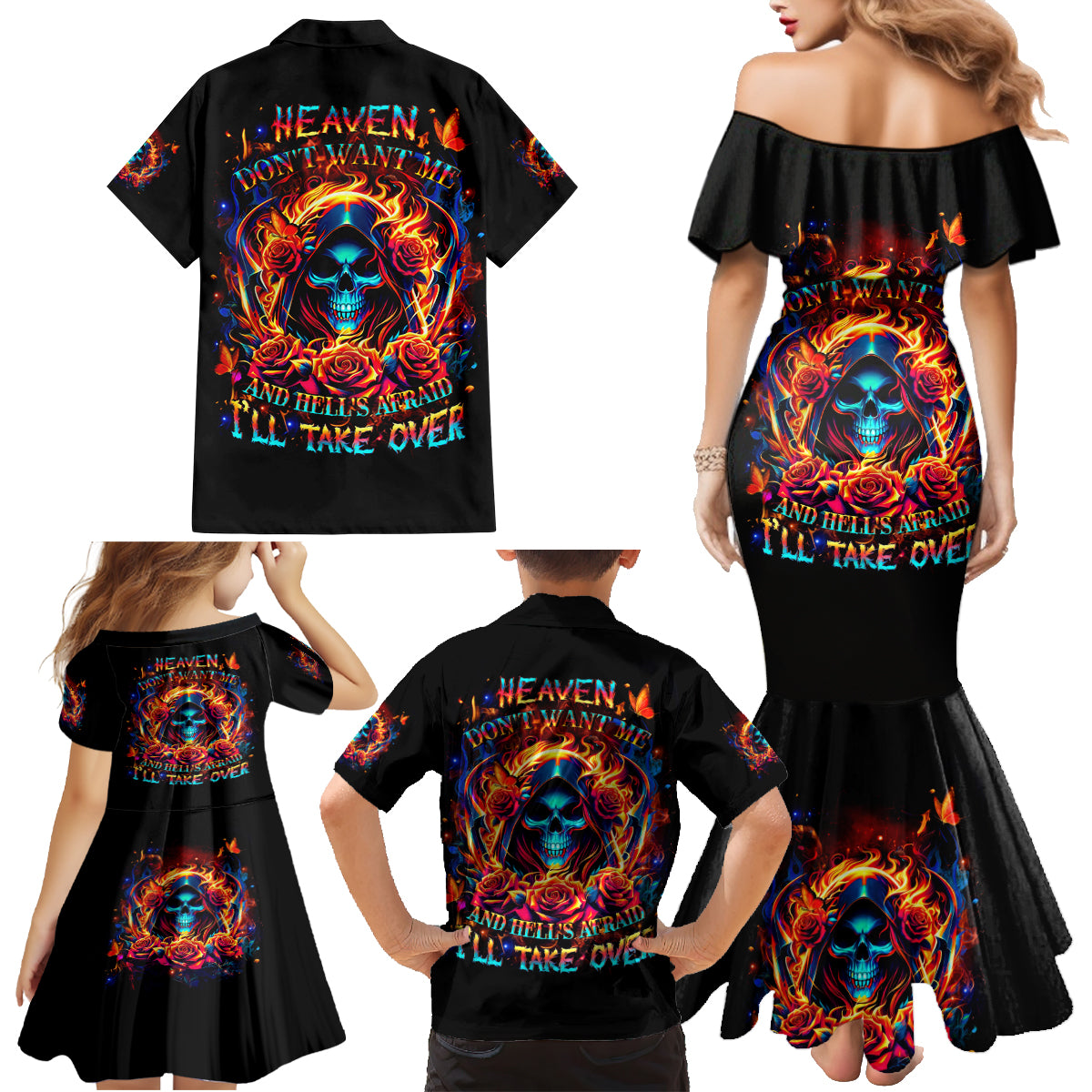 Flame Skull Family Matching Mermaid Dress and Hawaiian Shirt Heaven Don't Want Me And Hell's Afraid I'll Take Over - Wonder Print Shop