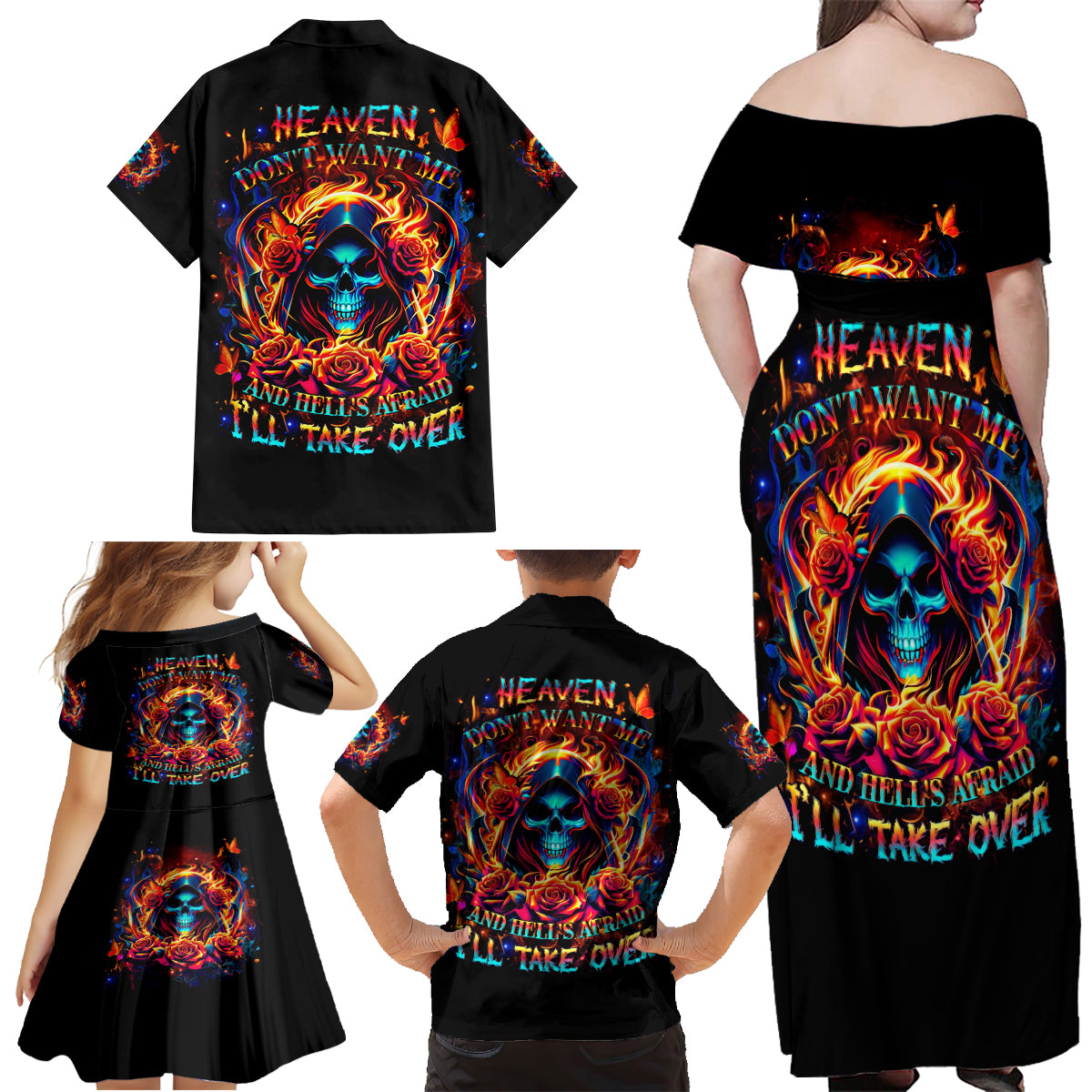 Flame Skull Family Matching Off Shoulder Maxi Dress and Hawaiian Shirt Heaven Don't Want Me And Hell's Afraid I'll Take Over - Wonder Print Shop