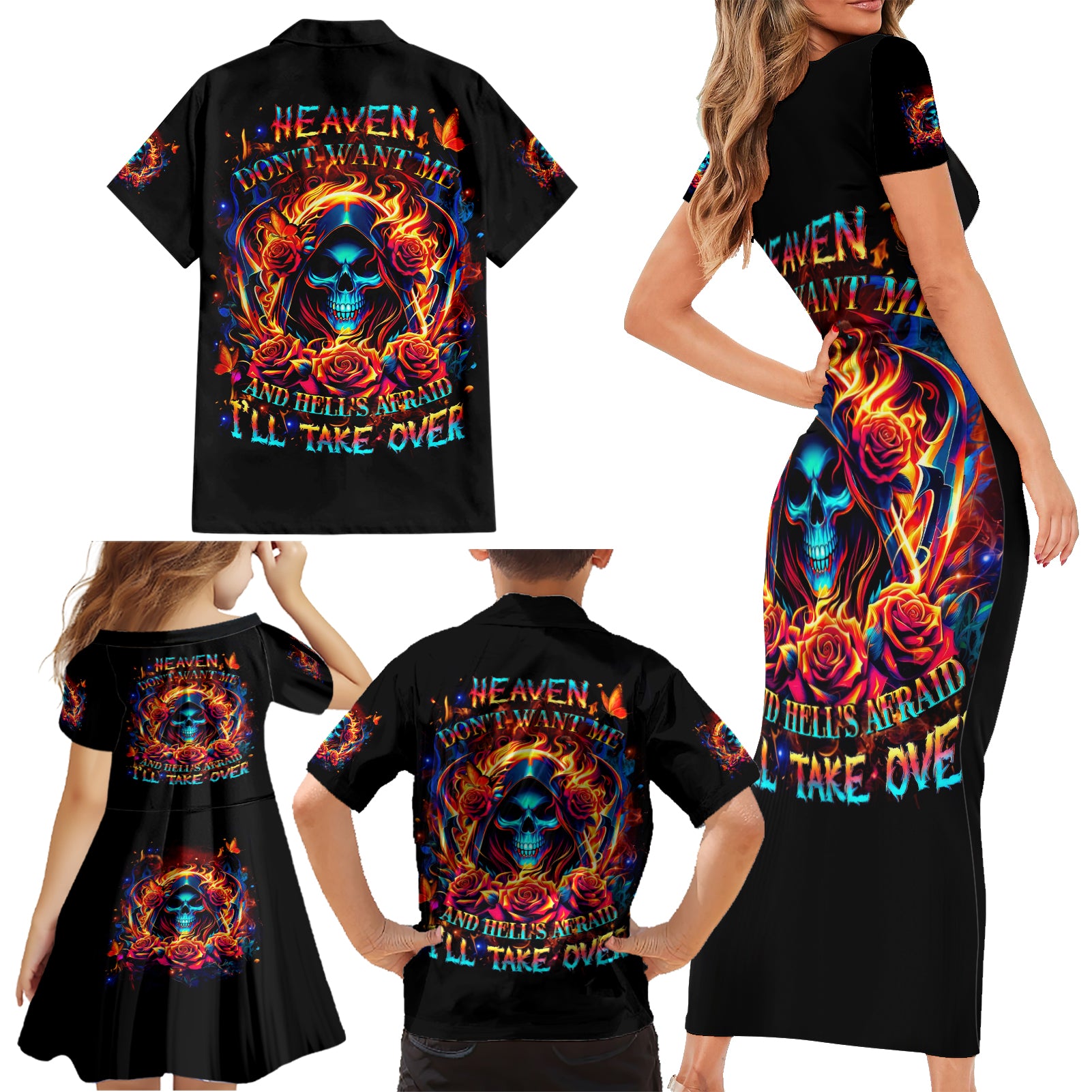 Flame Skull Family Matching Short Sleeve Bodycon Dress and Hawaiian Shirt Heaven Don't Want Me And Hell's Afraid I'll Take Over - Wonder Print Shop