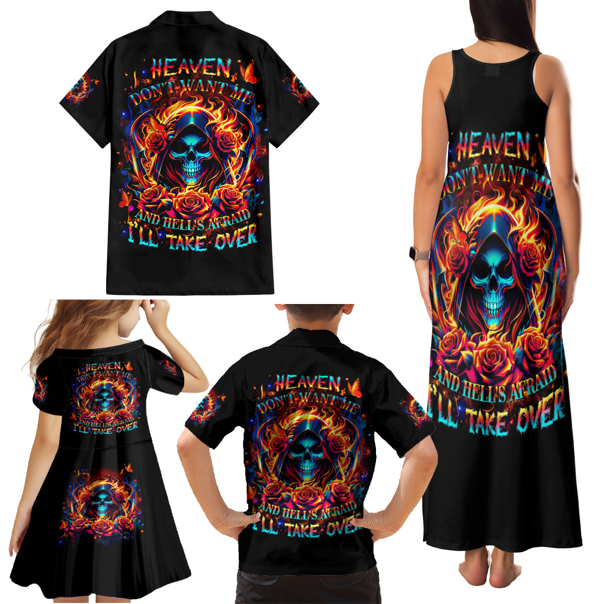 Flame Skull Family Matching Tank Maxi Dress and Hawaiian Shirt Heaven Don't Want Me And Hell's Afraid I'll Take Over - Wonder Print Shop