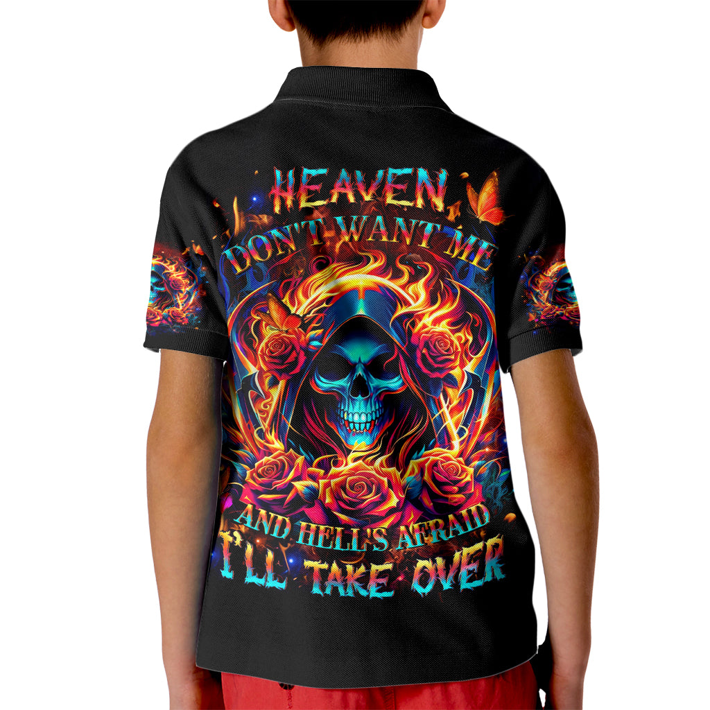 Flame Skull Kid Polo Shirt Heaven Don't Want Me And Hell's Afraid I'll Take Over - Wonder Print Shop