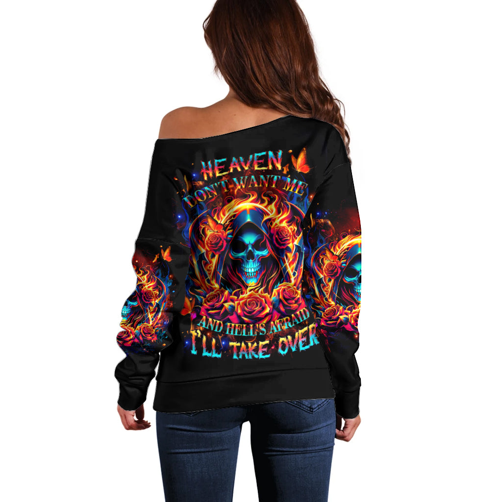 Flame Skull Off Shoulder Sweater Heaven Don't Want Me And Hell's Afraid I'll Take Over - Wonder Print Shop