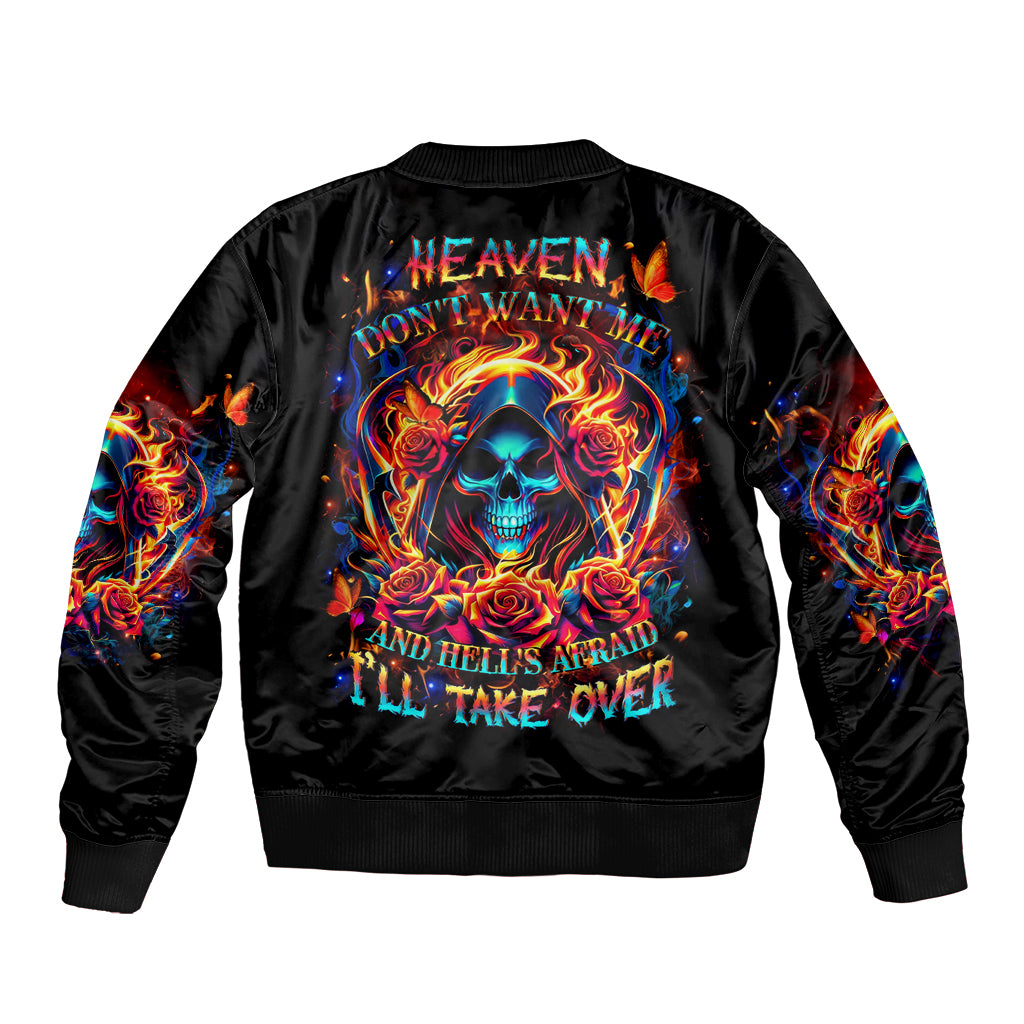 Flame Skull Sleeve Zip Bomber Jacket Heaven Don't Want Me And Hell's Afraid I'll Take Over