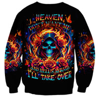 Unisex black sweatshirt with flame skull and rose graphic, colorful sleeves