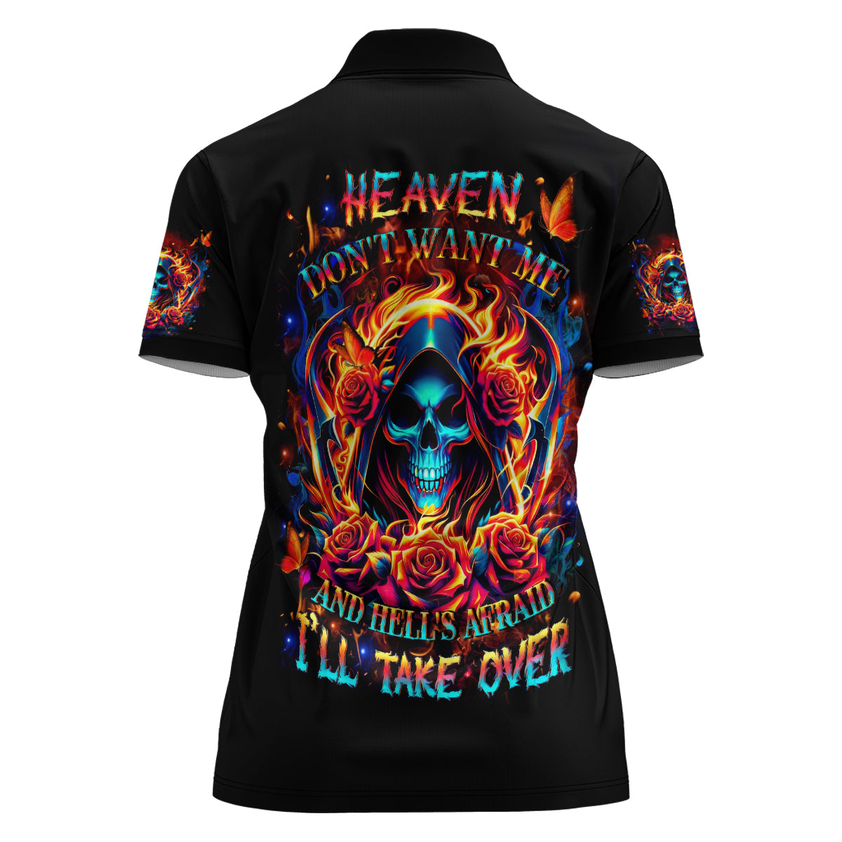 Flame Skull Women Polo Shirt Heaven Don't Want Me And Hell's Afraid I'll Take Over