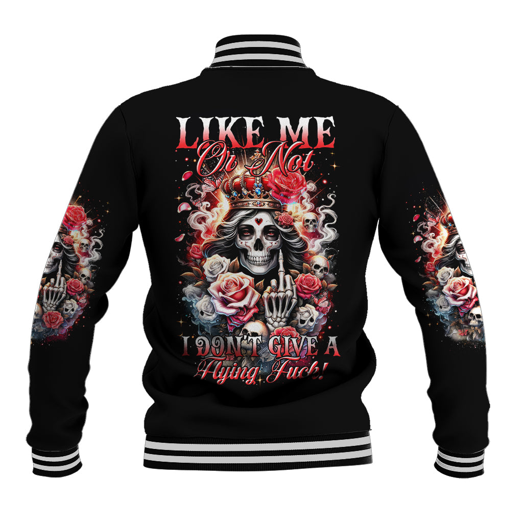 Rose Skull Baseball Jacket Like Me Or Not I Don't Give A Flying Fuck - Wonder Print Shop