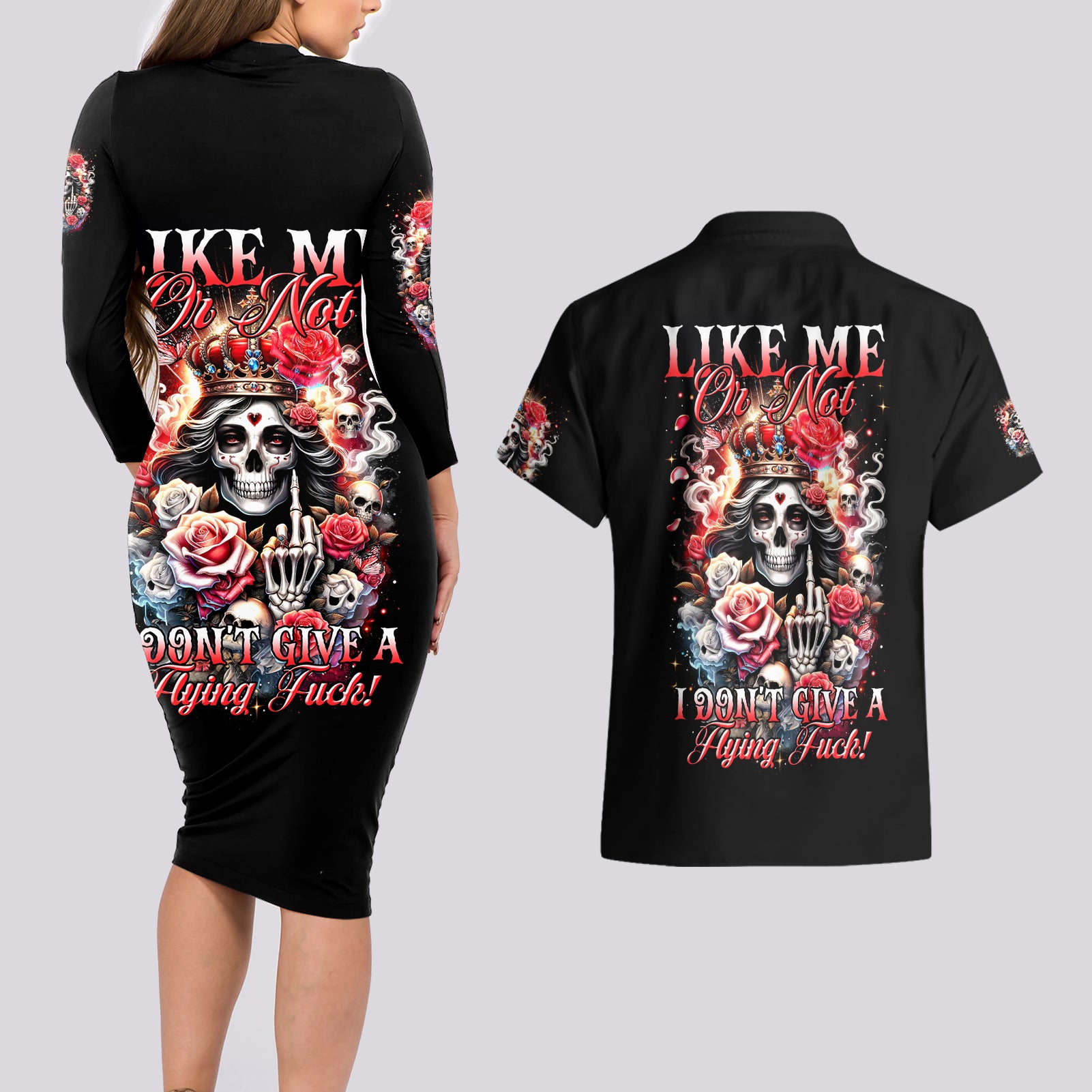 Rose Skull Couples Matching Long Sleeve Bodycon Dress and Hawaiian Shirt Like Me Or Not I Don't Give A Flying Fuck - Wonder Print Shop