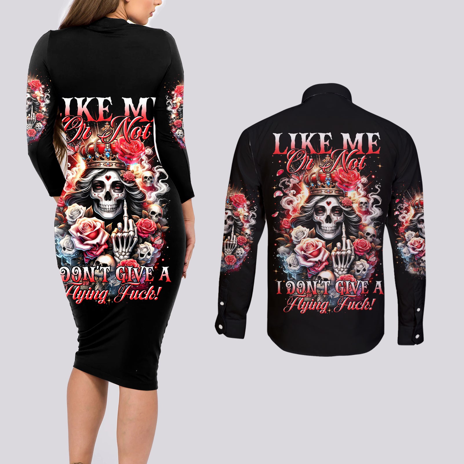 Rose Skull Couples Matching Long Sleeve Bodycon Dress and Long Sleeve Button Shirt Like Me Or Not I Don't Give A Flying Fuck - Wonder Print Shop