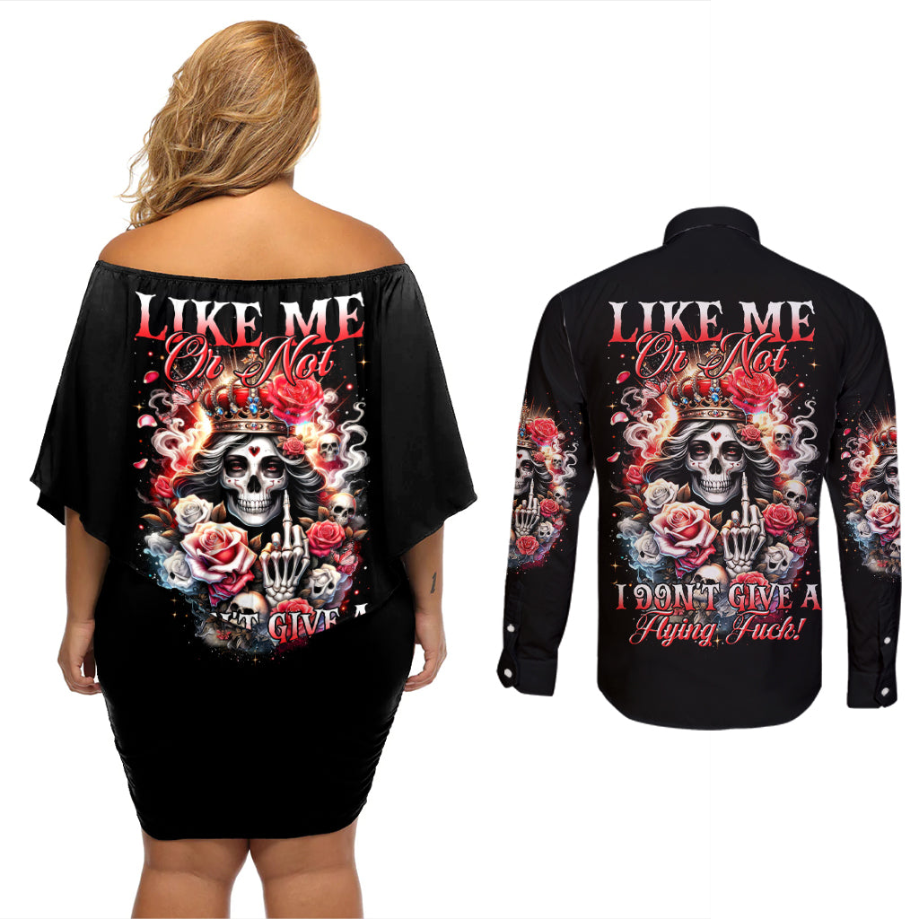 Rose Skull Couples Matching Off Shoulder Short Dress and Long Sleeve Button Shirt Like Me Or Not I Don't Give A Flying Fuck - Wonder Print Shop