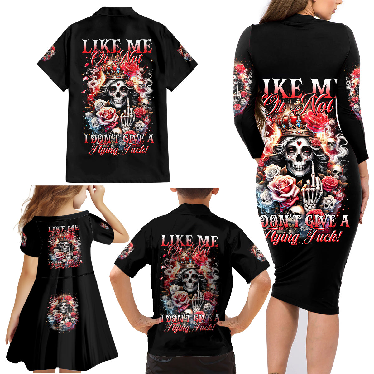 Rose Skull Family Matching Long Sleeve Bodycon Dress and Hawaiian Shirt Like Me Or Not I Don't Give A Flying Fuck - Wonder Print Shop