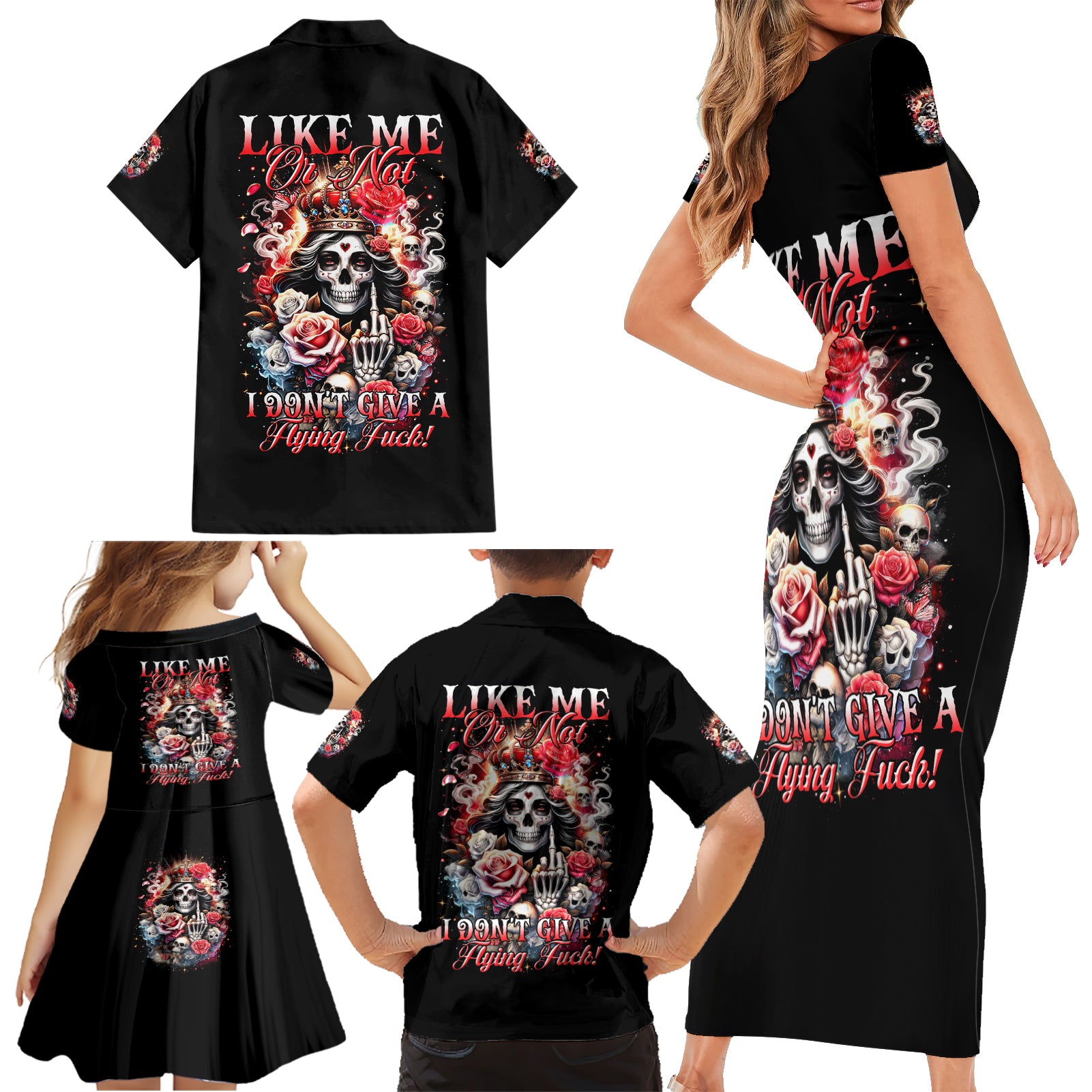 Rose Skull Family Matching Short Sleeve Bodycon Dress and Hawaiian Shirt Like Me Or Not I Don't Give A Flying Fuck - Wonder Print Shop