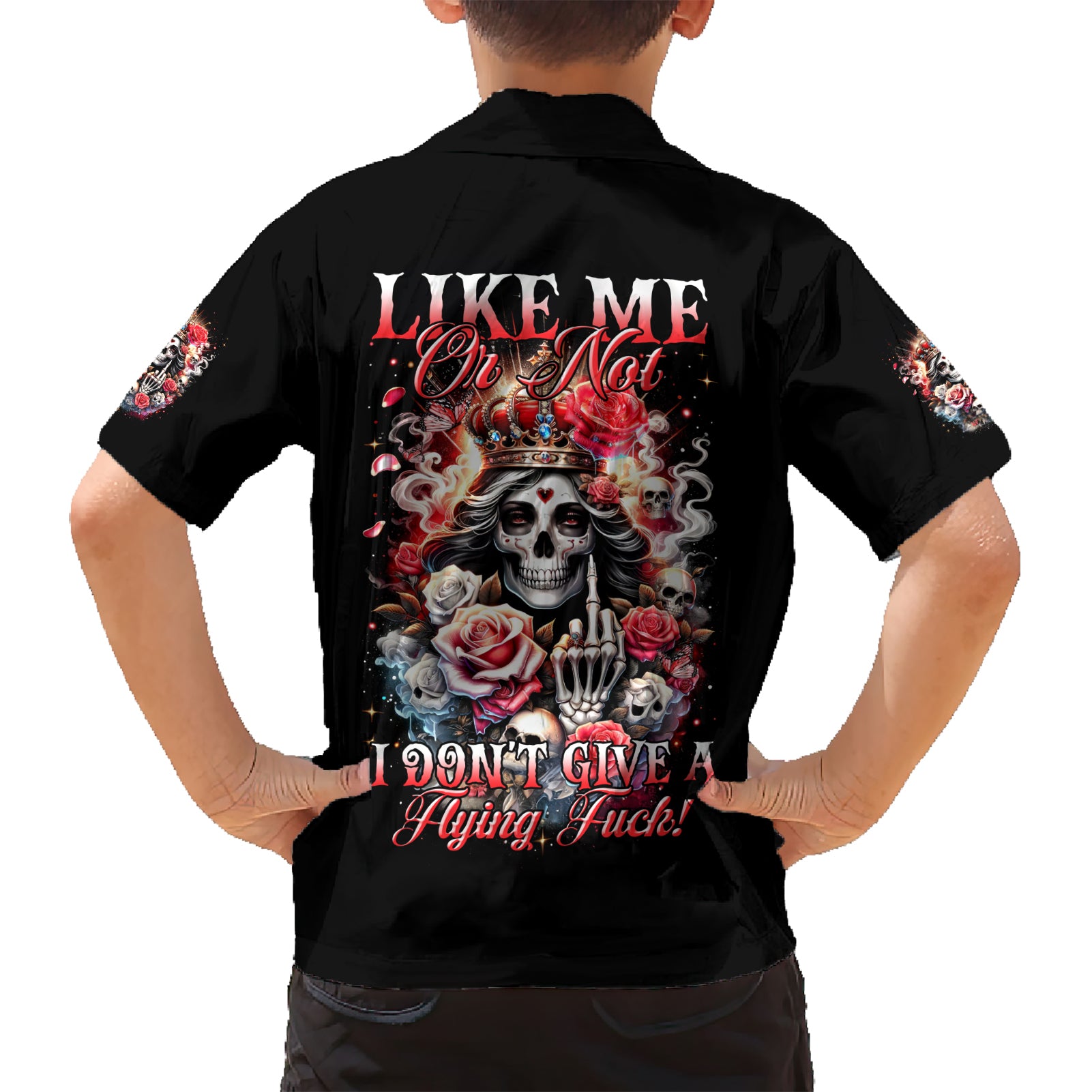 Rose Skull Kid Hawaiian Shirt Like Me Or Not I Don't Give A Flying Fuck - Wonder Print Shop