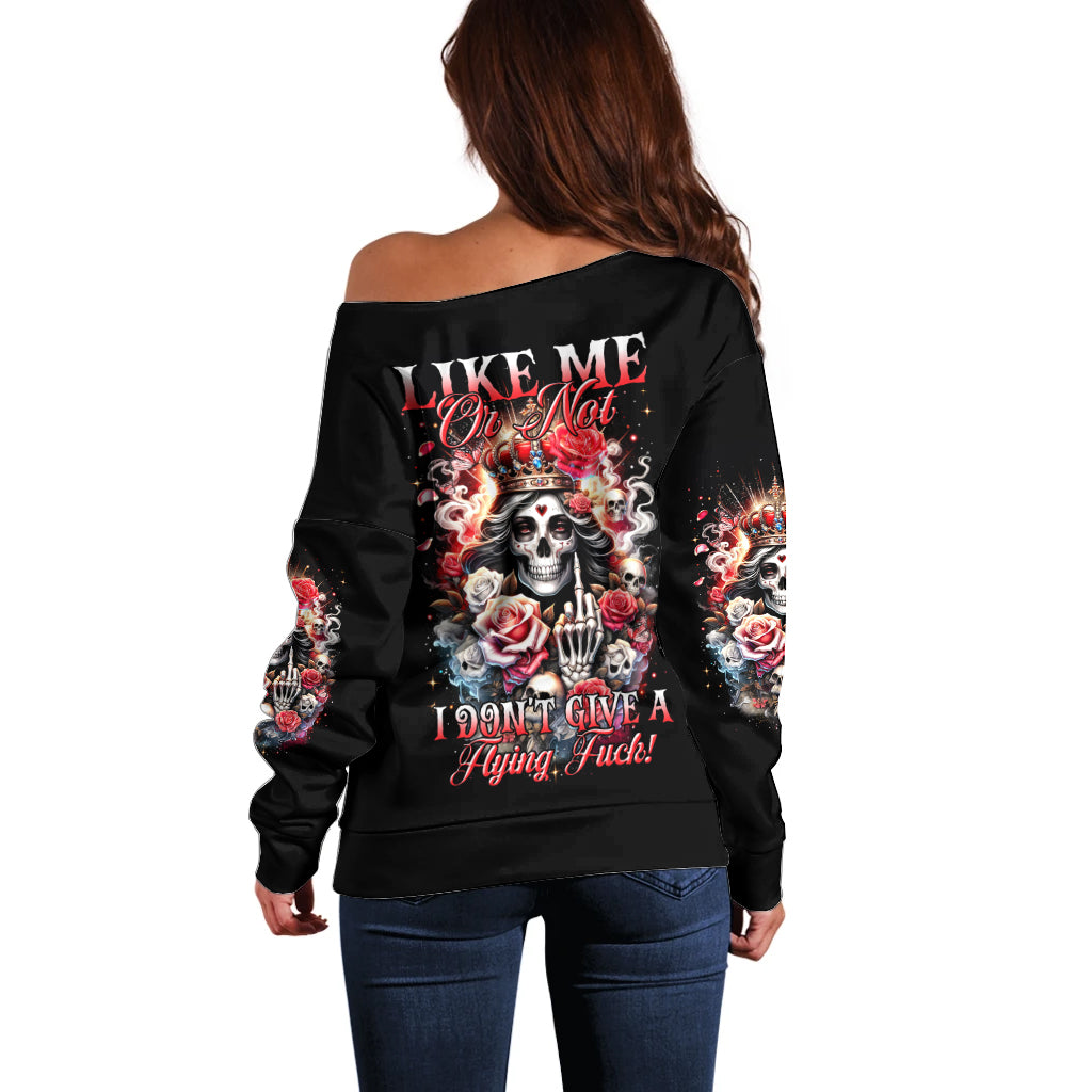 Rose Skull Off Shoulder Sweater Like Me Or Not I Don't Give A Flying Fuck - Wonder Print Shop