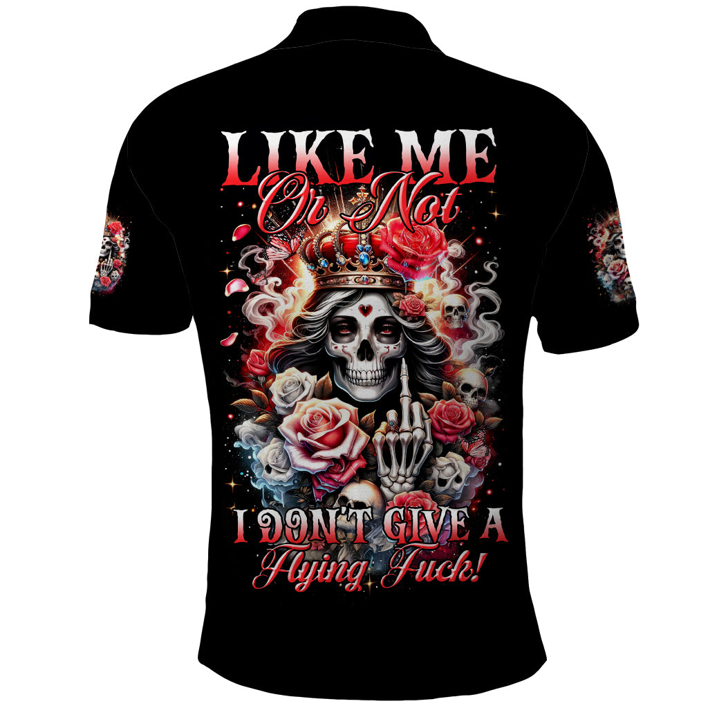 Rose Skull Polo Shirt Like Me Or Not I Don't Give A Flying Fuck - Wonder Print Shop