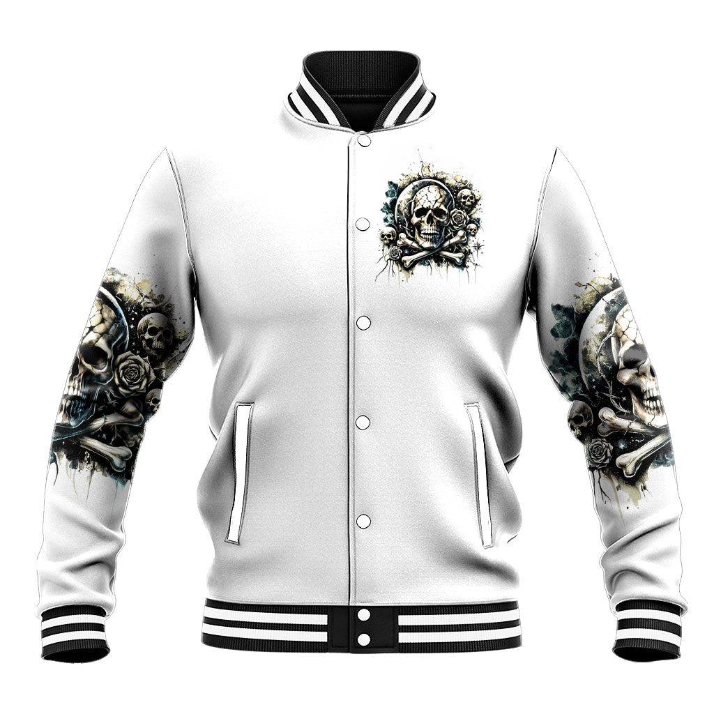 Baseball jacket front with skull graphic, snap-button placket, ribbed cuffs and collar