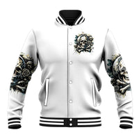 Baseball jacket front with skull graphic, snap-button placket, ribbed cuffs and collar