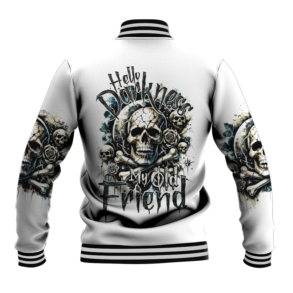 Baseball jacket with skull and roses graphic, striped ribbed collar and cuffs