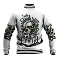 Baseball jacket with skull and roses graphic, striped ribbed collar and cuffs