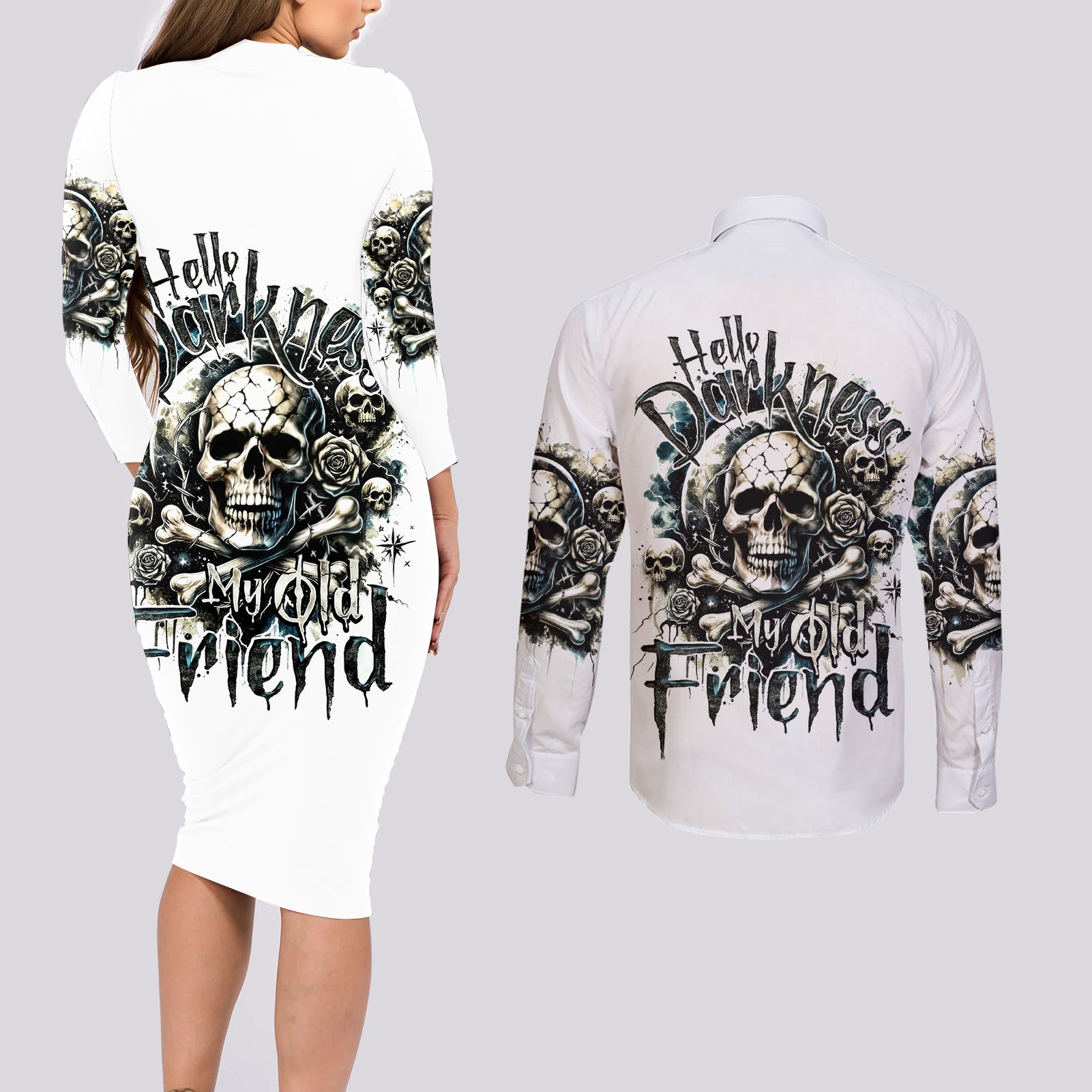 Black Skull Couples Matching Long Sleeve Bodycon Dress and Long Sleeve Button Shirt Hello Darkness My Old Friend - Wonder Print Shop