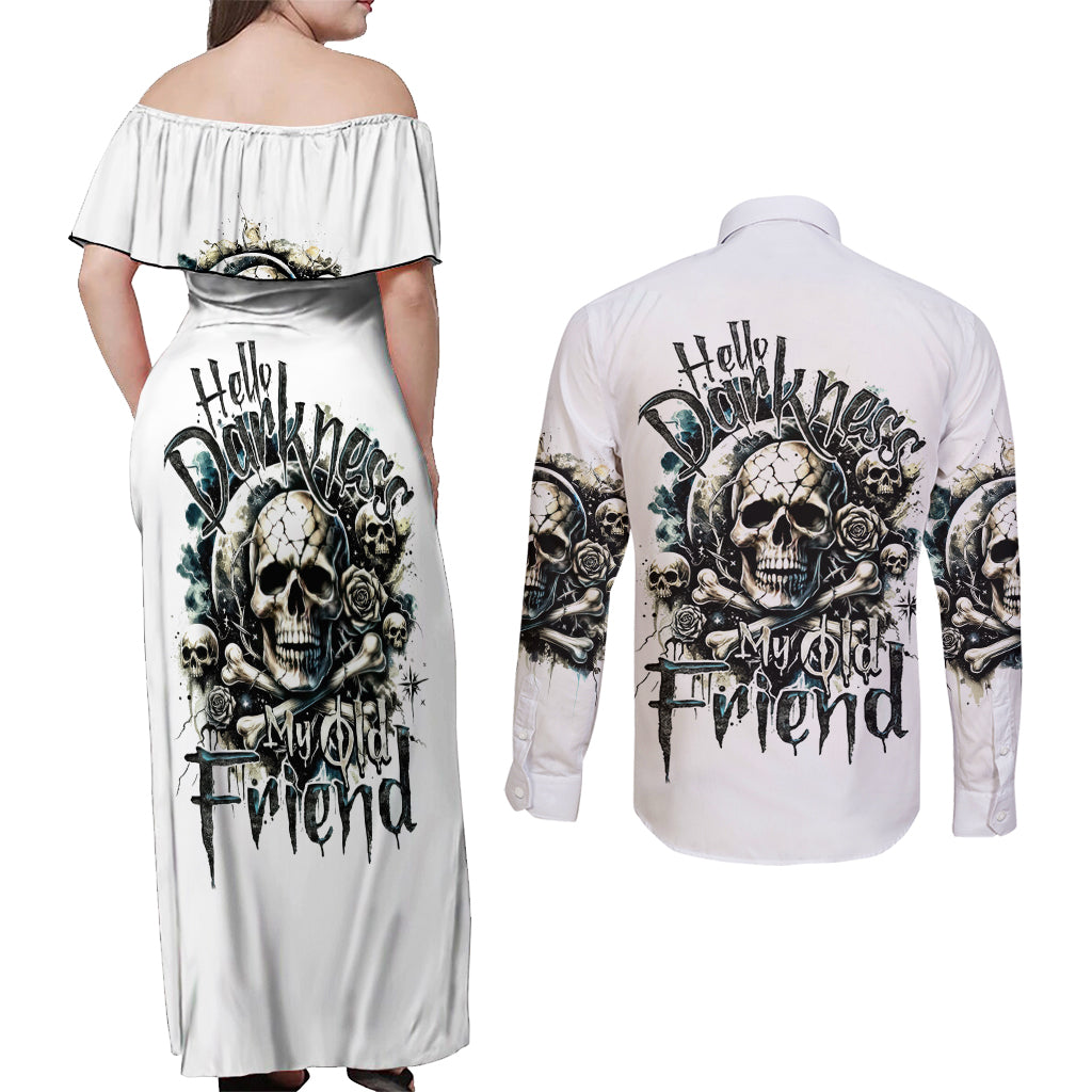 Black Skull Couples Matching Off Shoulder Maxi Dress and Long Sleeve Button Shirt Hello Darkness My Old Friend - Wonder Print Shop