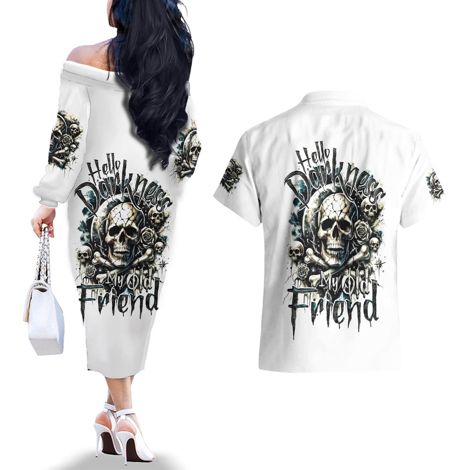 Black Skull Couples Matching Off The Shoulder Long Sleeve Dress and Hawaiian Shirt Hello Darkness My Old Friend - Wonder Print Shop