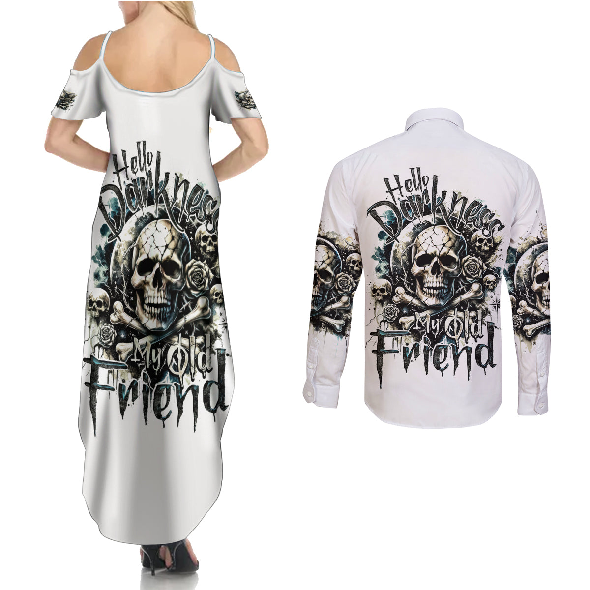 Black Skull Couples Matching Summer Maxi Dress and Long Sleeve Button Shirt Hello Darkness My Old Friend - Wonder Print Shop