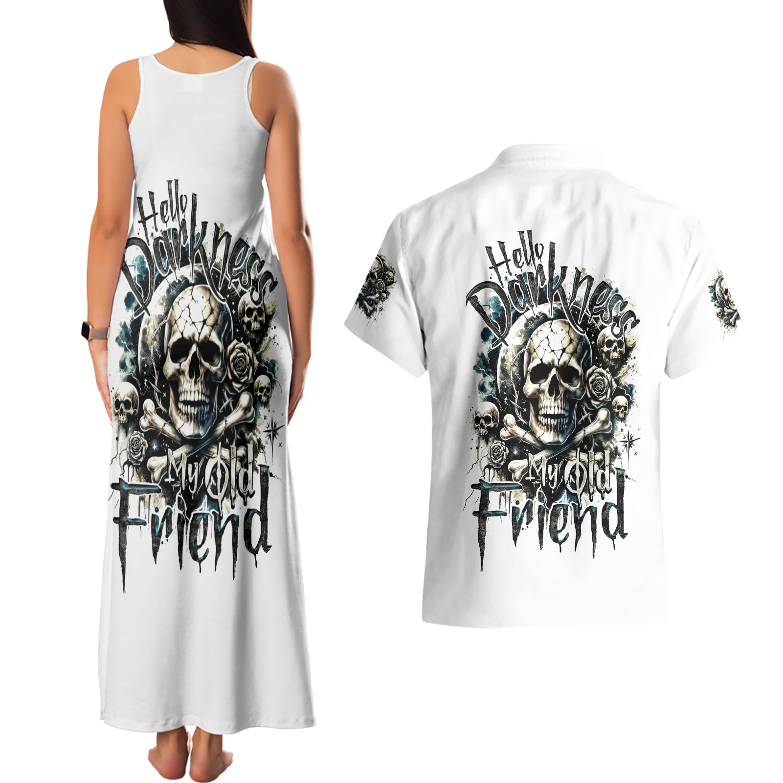 Black Skull Couples Matching Tank Maxi Dress and Hawaiian Shirt Hello Darkness My Old Friend - Wonder Print Shop