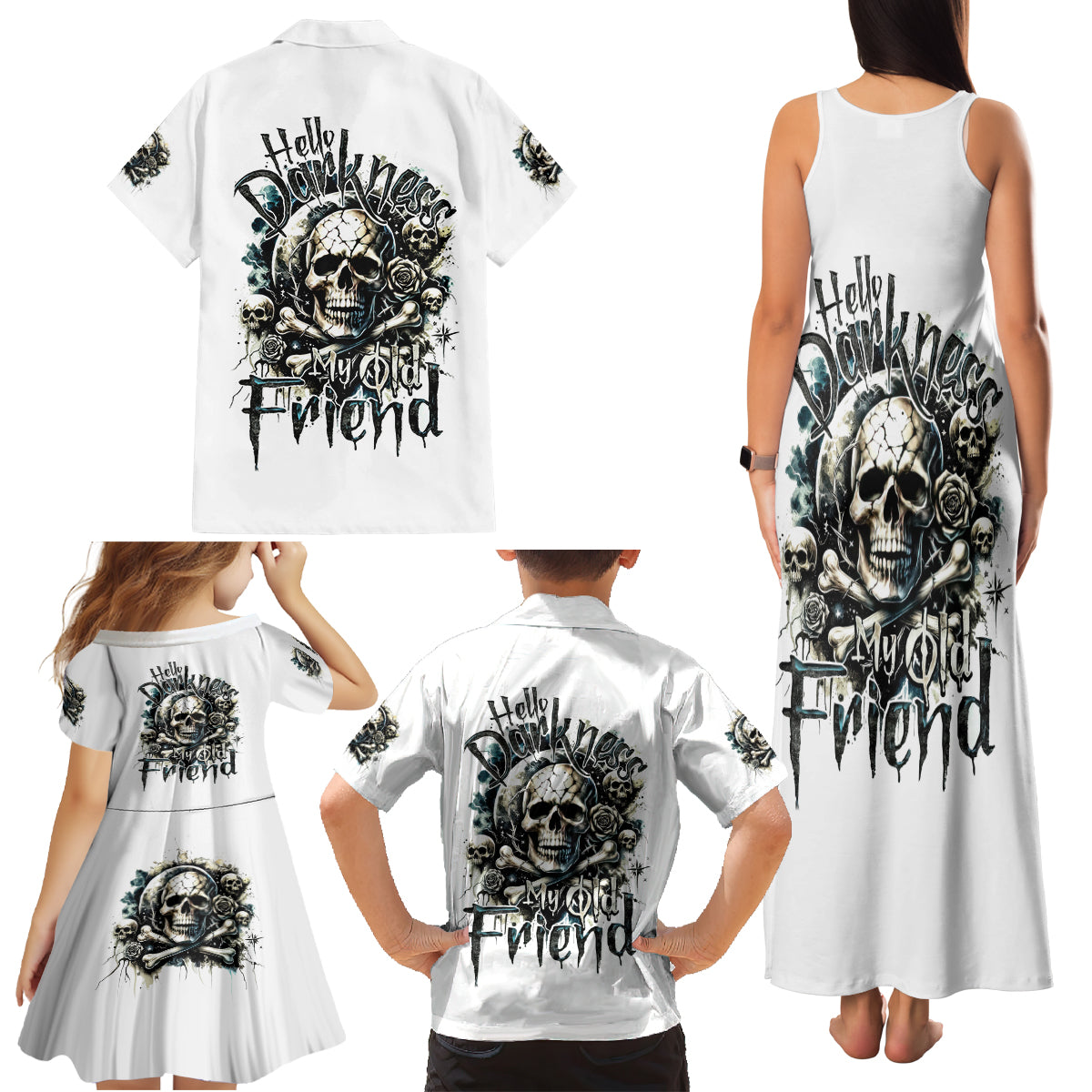 Black Skull Family Matching Tank Maxi Dress and Hawaiian Shirt Hello Darkness My Old Friend - Wonder Print Shop