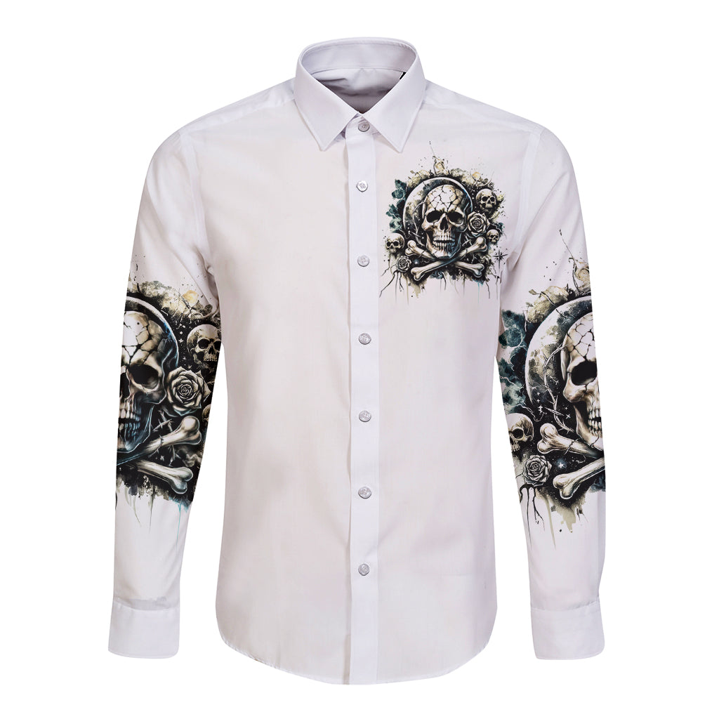 Long sleeve button shirt, white, front skull emblem and detailed sleeve skull prints