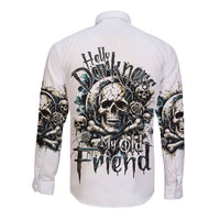 Long sleeve button shirt, white, skull graphic on back, floral sleeve prints