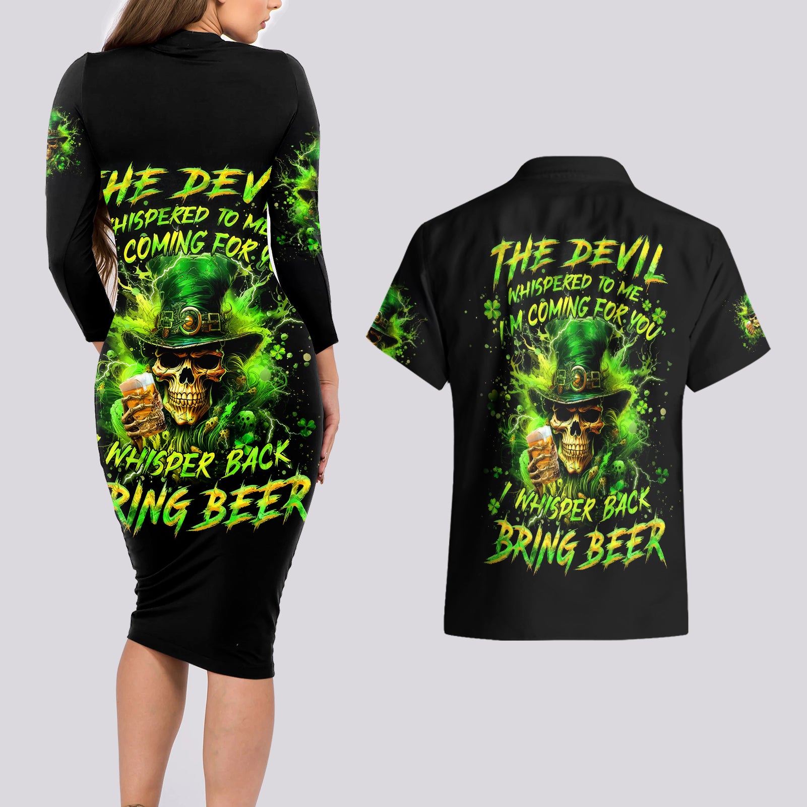 Irish Skull Couples Matching Long Sleeve Bodycon Dress and Hawaiian Shirt The Devil Whispered To Me I'm Coming For You I Whisper Back Bring Beer - Wonder Print Shop