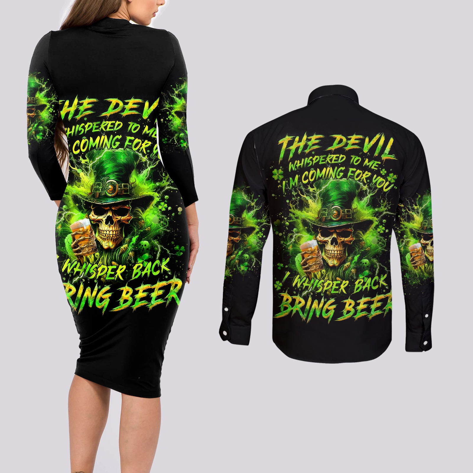 Irish Skull Couples Matching Long Sleeve Bodycon Dress and Long Sleeve Button Shirt The Devil Whispered To Me I'm Coming For You I Whisper Back Bring Beer - Wonder Print Shop