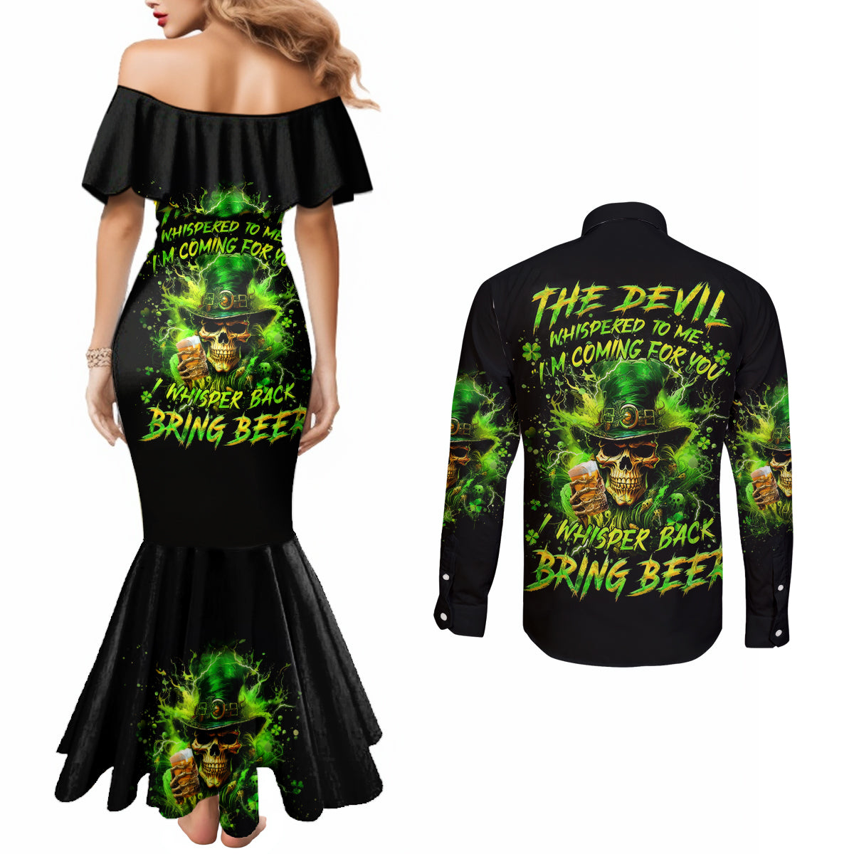 Irish Skull Couples Matching Mermaid Dress and Long Sleeve Button Shirt The Devil Whispered To Me I'm Coming For You I Whisper Back Bring Beer