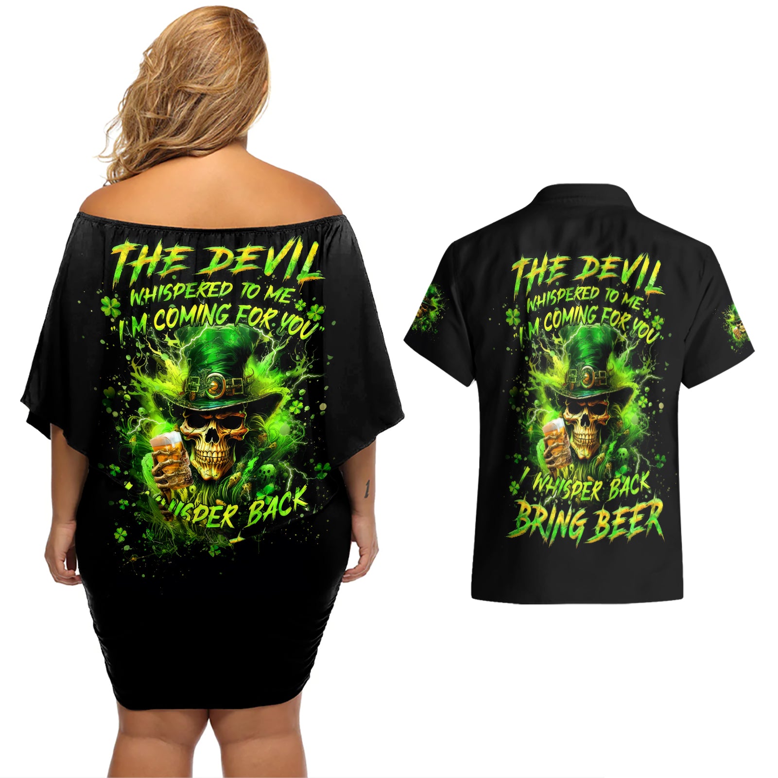 Irish Skull Couples Matching Off Shoulder Short Dress and Hawaiian Shirt The Devil Whispered To Me I'm Coming For You I Whisper Back Bring Beer - Wonder Print Shop