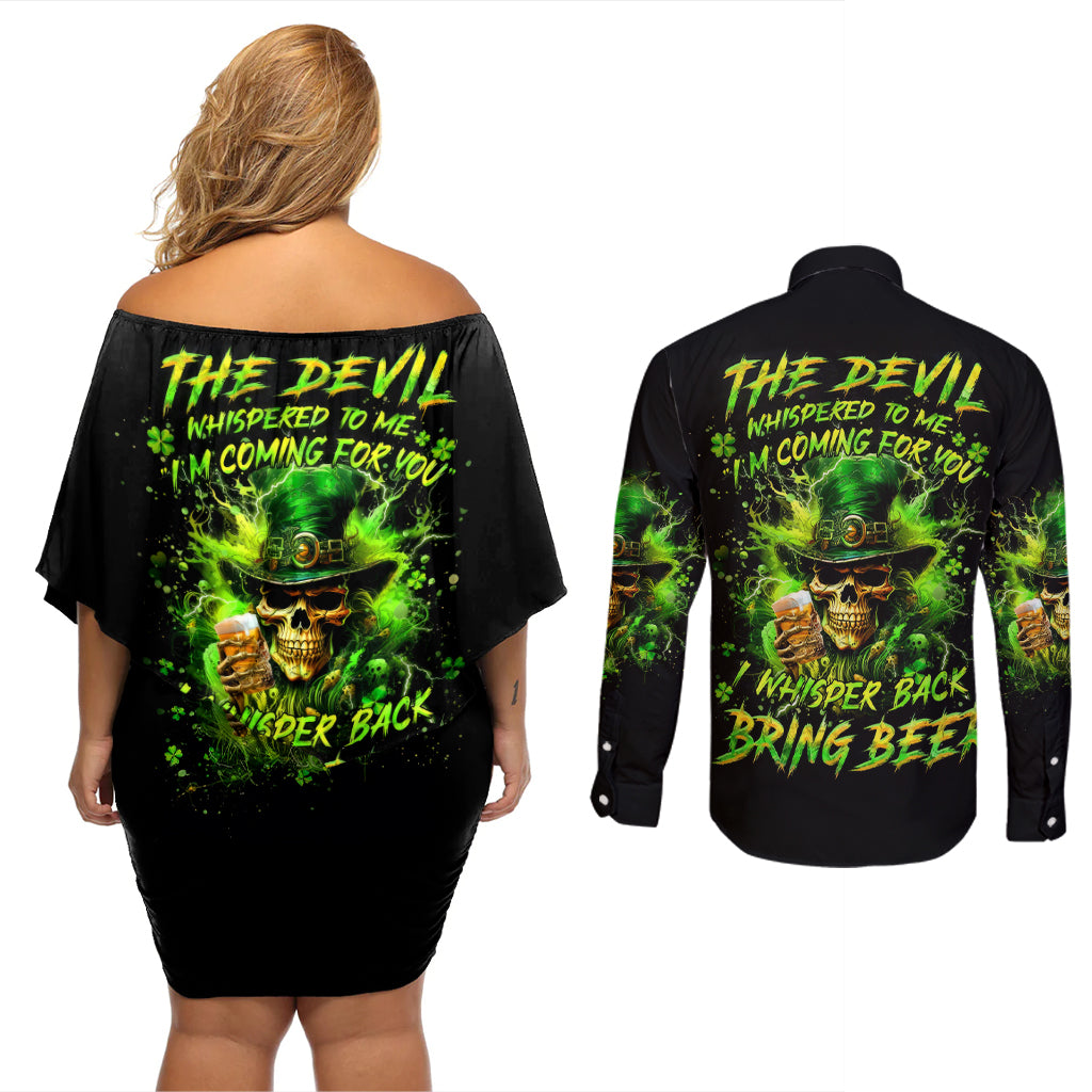 Irish Skull Couples Matching Off Shoulder Short Dress and Long Sleeve Button Shirt The Devil Whispered To Me I'm Coming For You I Whisper Back Bring Beer - Wonder Print Shop