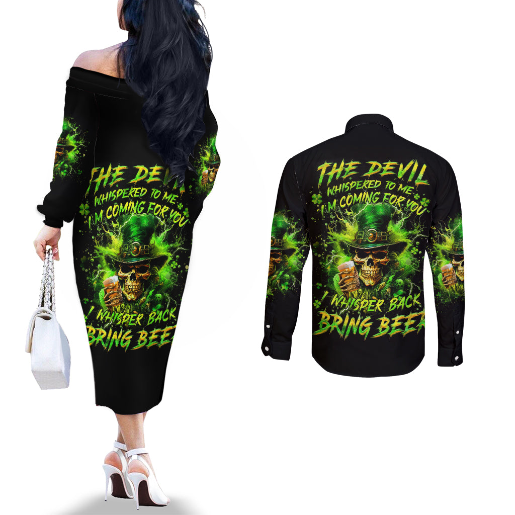 Irish Skull Couples Matching Off The Shoulder Long Sleeve Dress and Long Sleeve Button Shirt The Devil Whispered To Me I'm Coming For You I Whisper Back Bring Beer