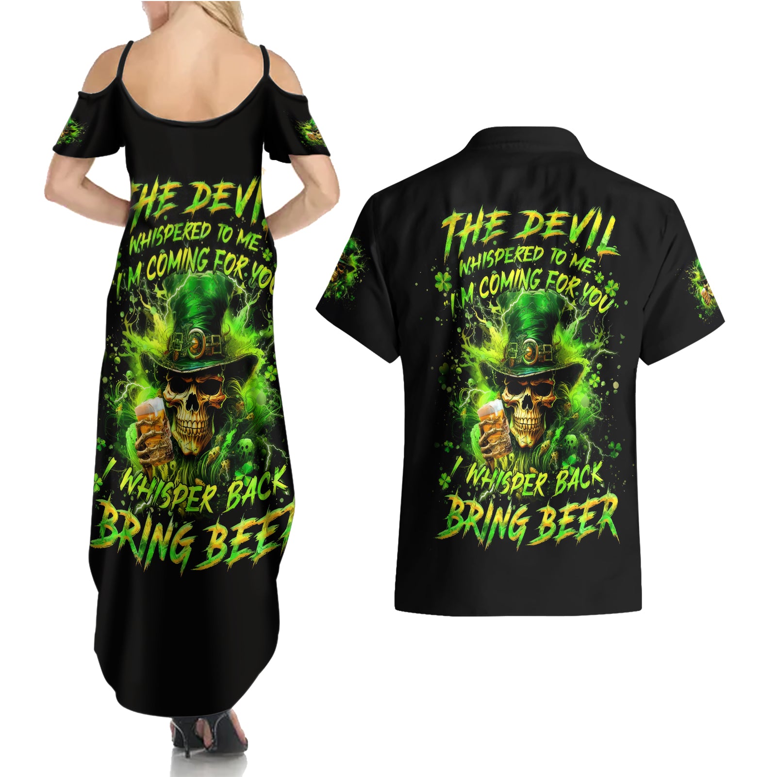 Irish Skull Couples Matching Summer Maxi Dress and Hawaiian Shirt The Devil Whispered To Me I'm Coming For You I Whisper Back Bring Beer - Wonder Print Shop