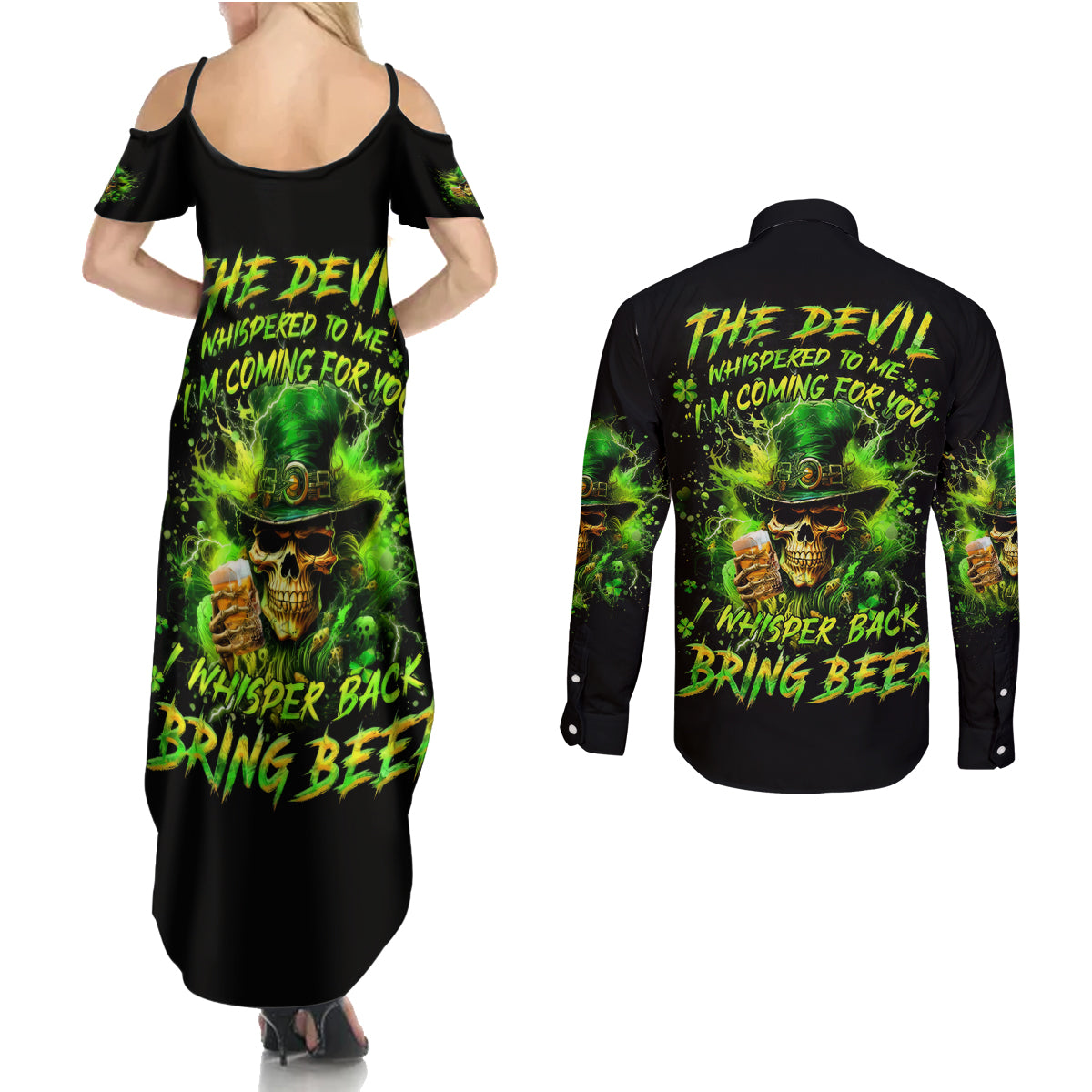 Irish Skull Couples Matching Summer Maxi Dress and Long Sleeve Button Shirt The Devil Whispered To Me I'm Coming For You I Whisper Back Bring Beer - Wonder Print Shop