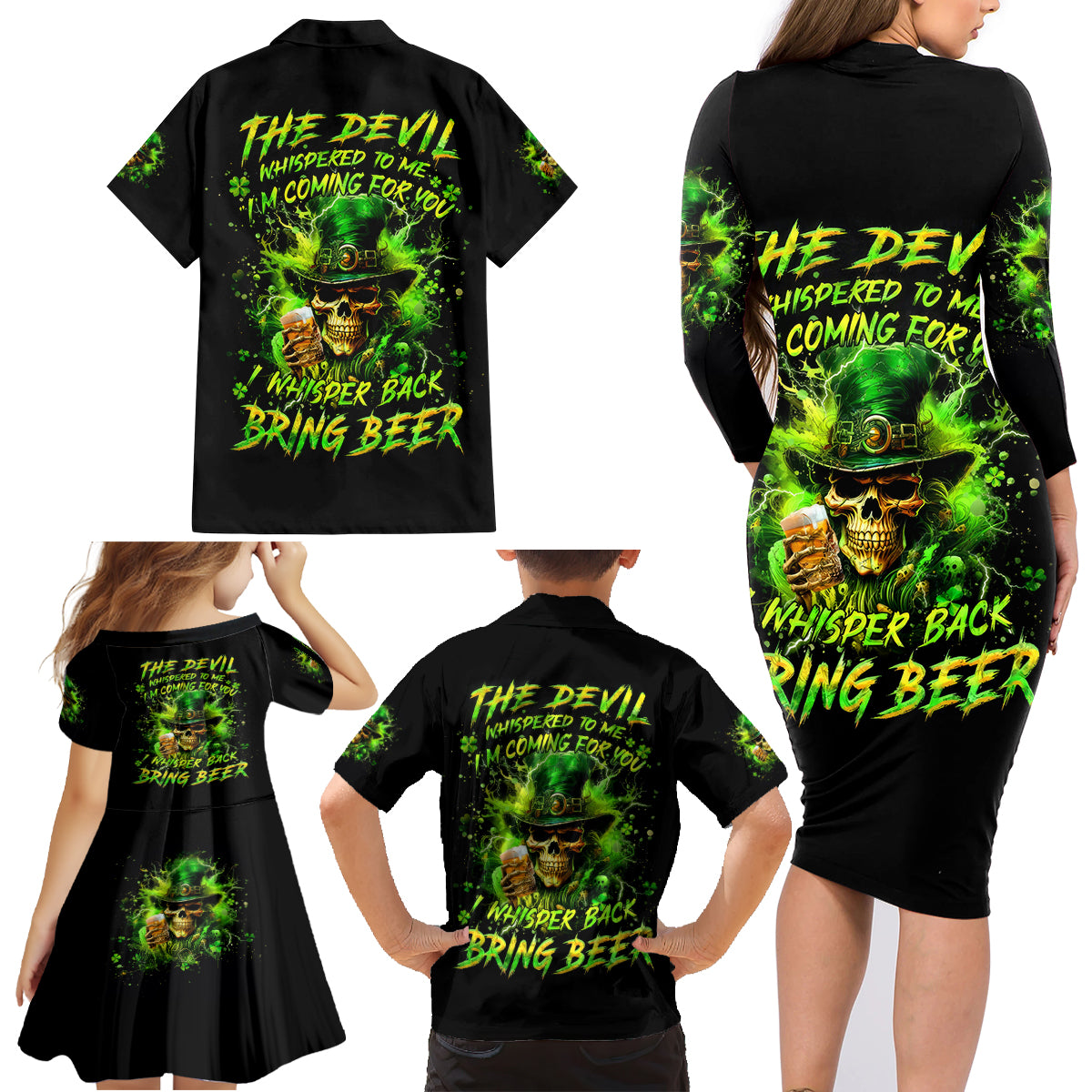 Irish Skull Family Matching Long Sleeve Bodycon Dress and Hawaiian Shirt The Devil Whispered To Me I'm Coming For You I Whisper Back Bring Beer - Wonder Print Shop