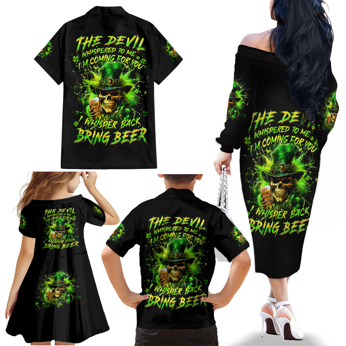 Irish Skull Family Matching Off The Shoulder Long Sleeve Dress and Hawaiian Shirt The Devil Whispered To Me I'm Coming For You I Whisper Back Bring Beer - Wonder Print Shop