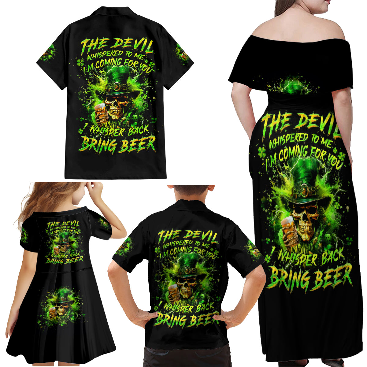 Irish Skull Family Matching Off Shoulder Maxi Dress and Hawaiian Shirt The Devil Whispered To Me I'm Coming For You I Whisper Back Bring Beer - Wonder Print Shop