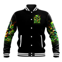 Black varsity baseball jacket with ribbed striped collar, snap buttons, and chest skull graphic