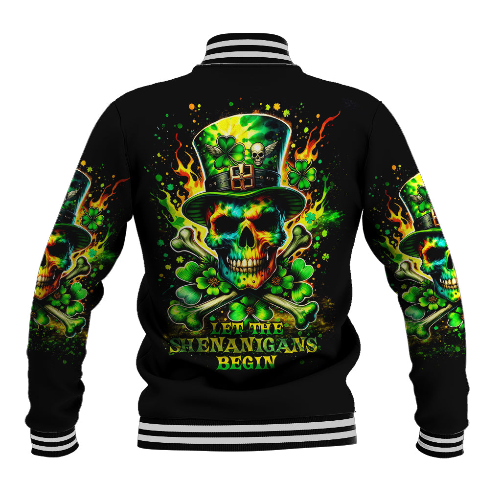 Black varsity baseball jacket with ribbed striped trim and back skull shamrock graphic