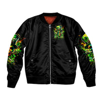 Black bomber jacket, ribbed cuffs; front zip with skull & shamrocks patch, orange lining at collar