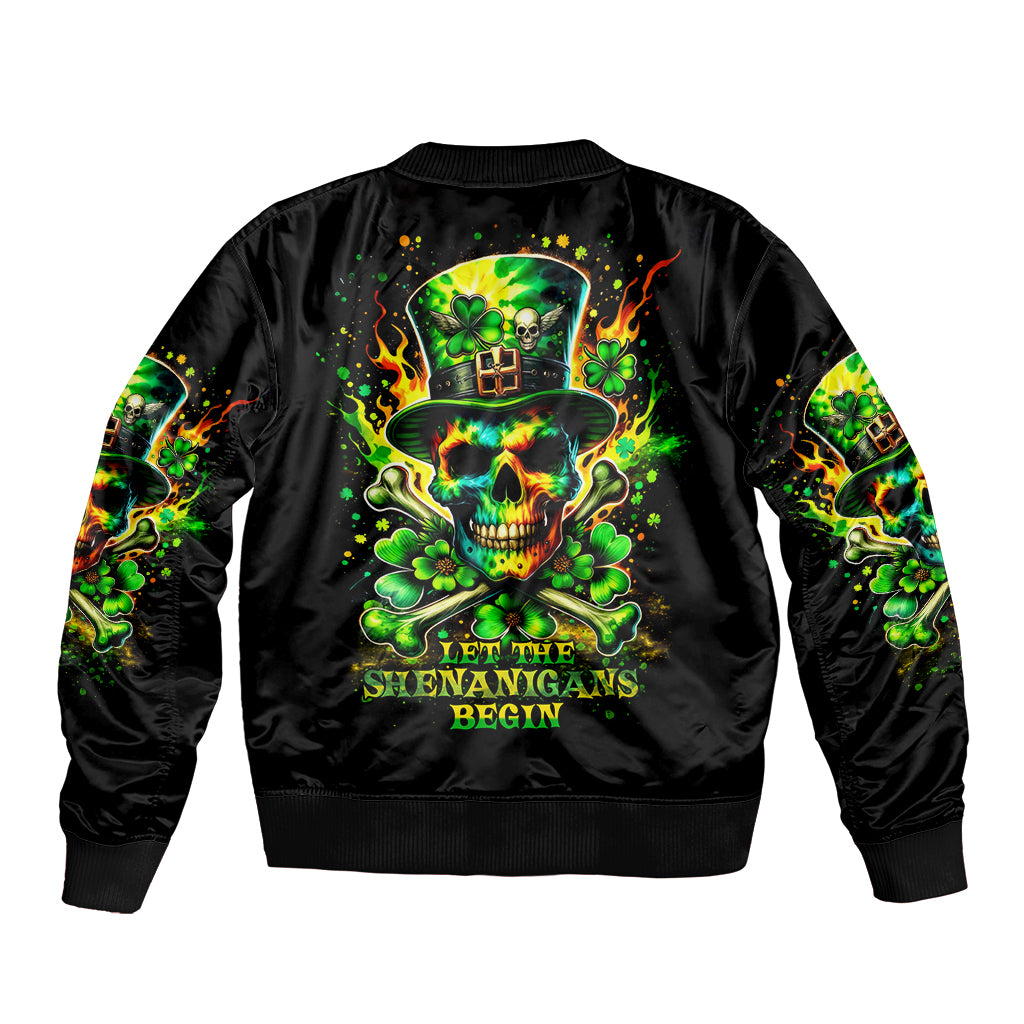 Black bomber jacket, ribbed cuffs, full-zip; large back skull & shamrocks graphic