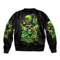 Black bomber jacket, ribbed cuffs, full-zip; large back skull & shamrocks graphic