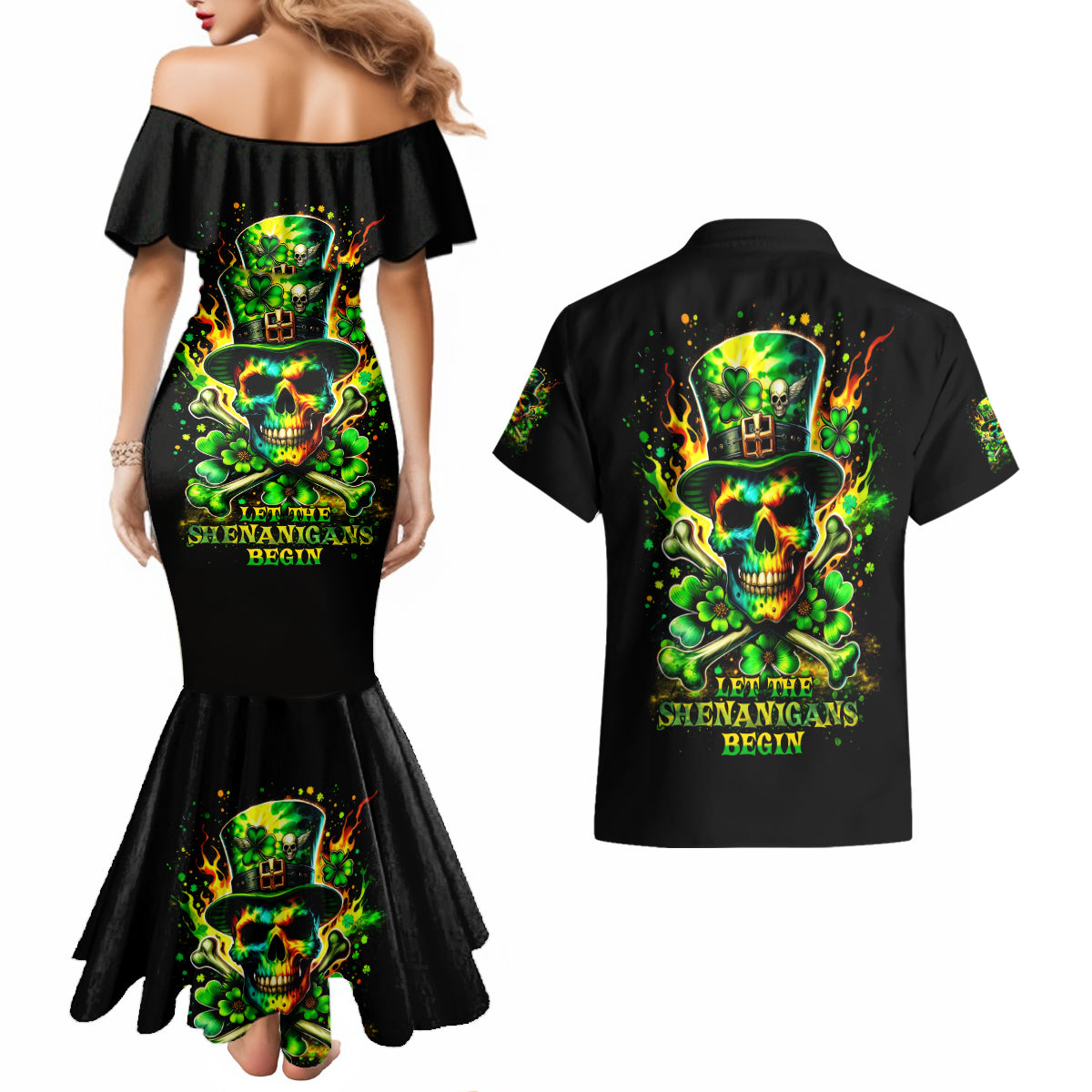 Irish Skull Couples Matching Mermaid Dress and Hawaiian Shirt Let The Shenanigans Begin - Wonder Print Shop