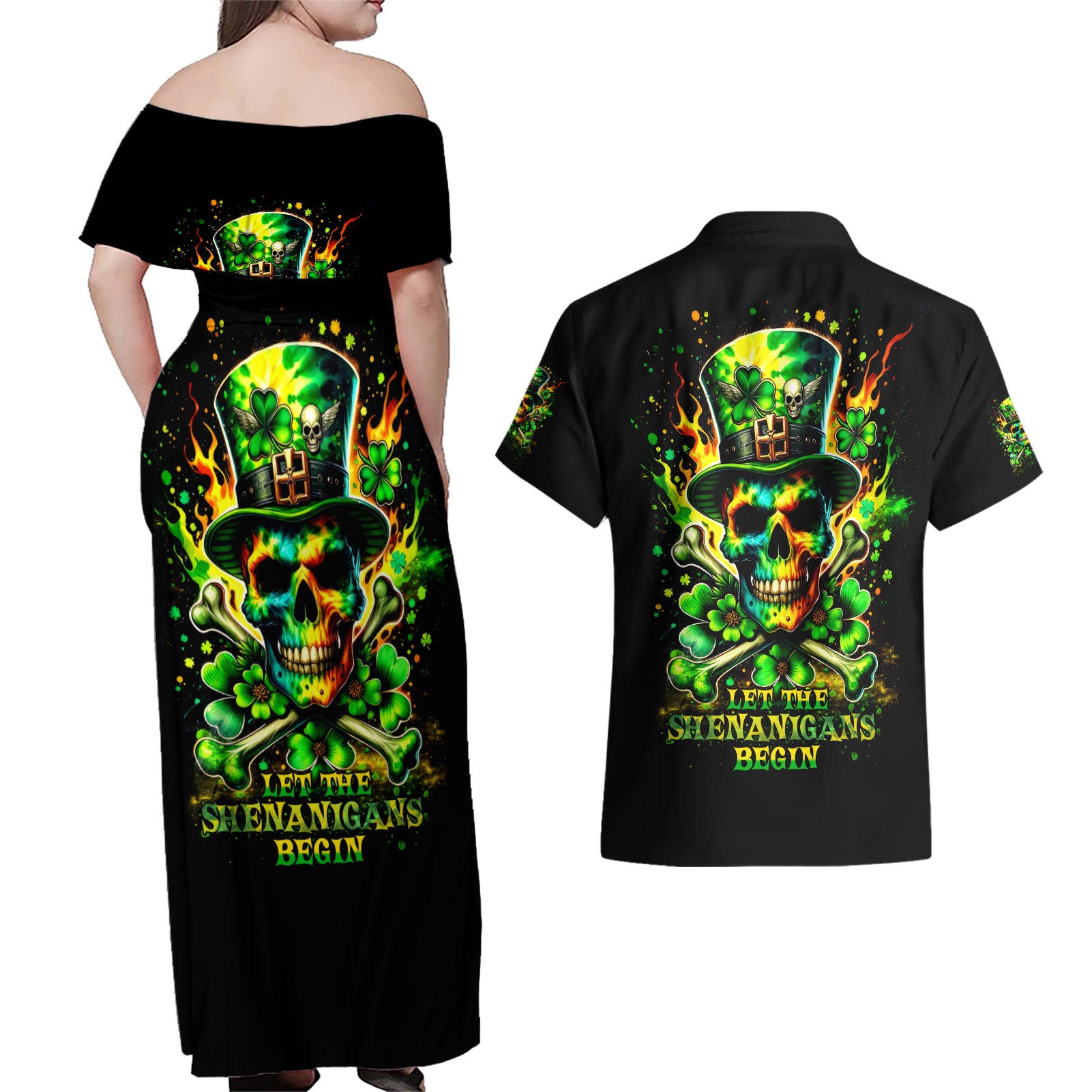 Irish Skull Couples Matching Off Shoulder Maxi Dress and Hawaiian Shirt Let The Shenanigans Begin - Wonder Print Shop